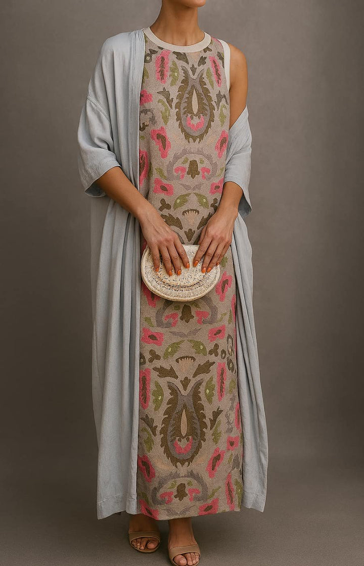 Dames Mouwloze Maxi Jurk Bloemenprint Bijpassende Sjaal Set - Khaki