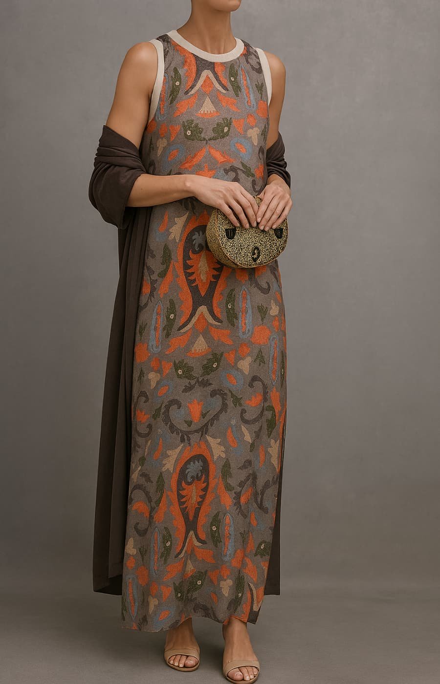 Dames Mouwloze Maxi Jurk Bloemenprint Bijpassende Sjaal Set - Gray