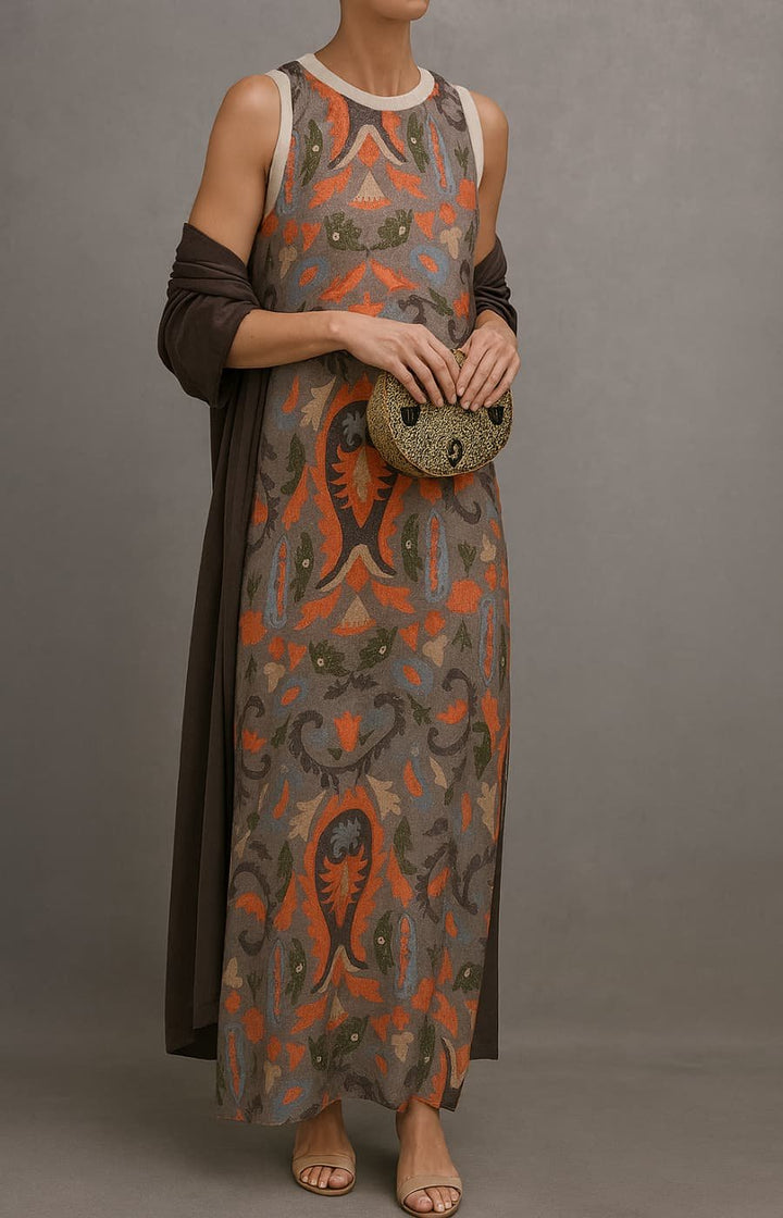Dames Mouwloze Maxi Jurk Bloemenprint Bijpassende Sjaal Set - Gray