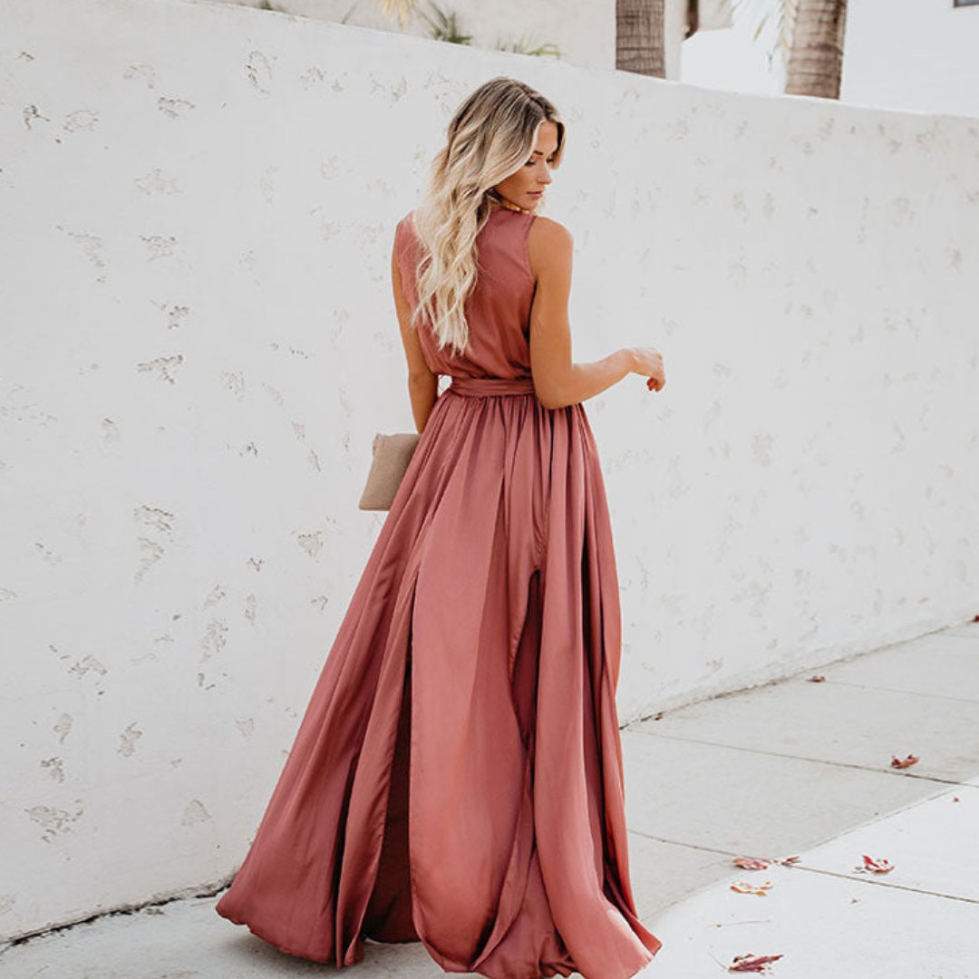 Dames Mouwloze Maxi Jurk met Taillelint en Zijsplit