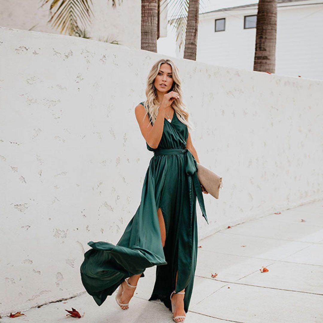 Dames Mouwloze Maxi Jurk met Taillelint en Zijsplit - Groen