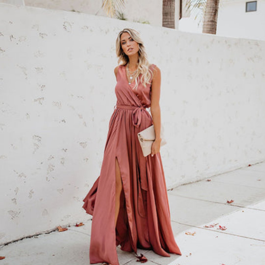 Dames Mouwloze Maxi Jurk met Taillelint en Zijsplit - Roze