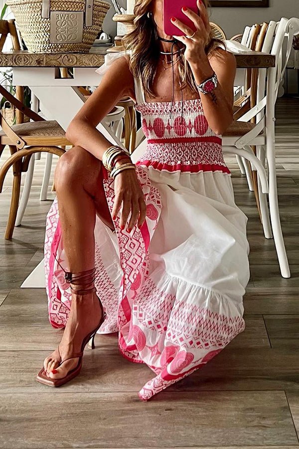 Dames Mouwloze Maxi-jurk Vierkante Hals Vetersluiting Bohemian Print