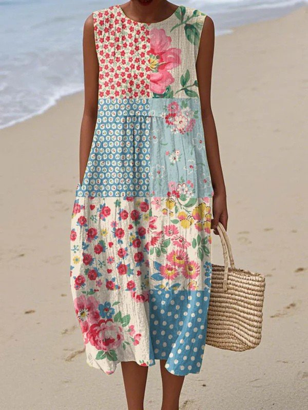 Dames Mouwloze Patchwork Bloemenprint Midi Jurk - Multicolor