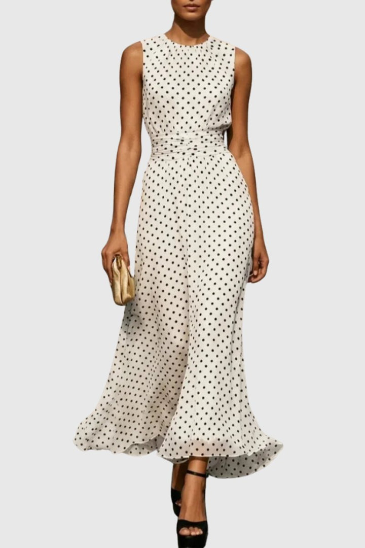 Dames Mouwloze Polkadot Maxi Evening Gown Ruche Zoom - Wit