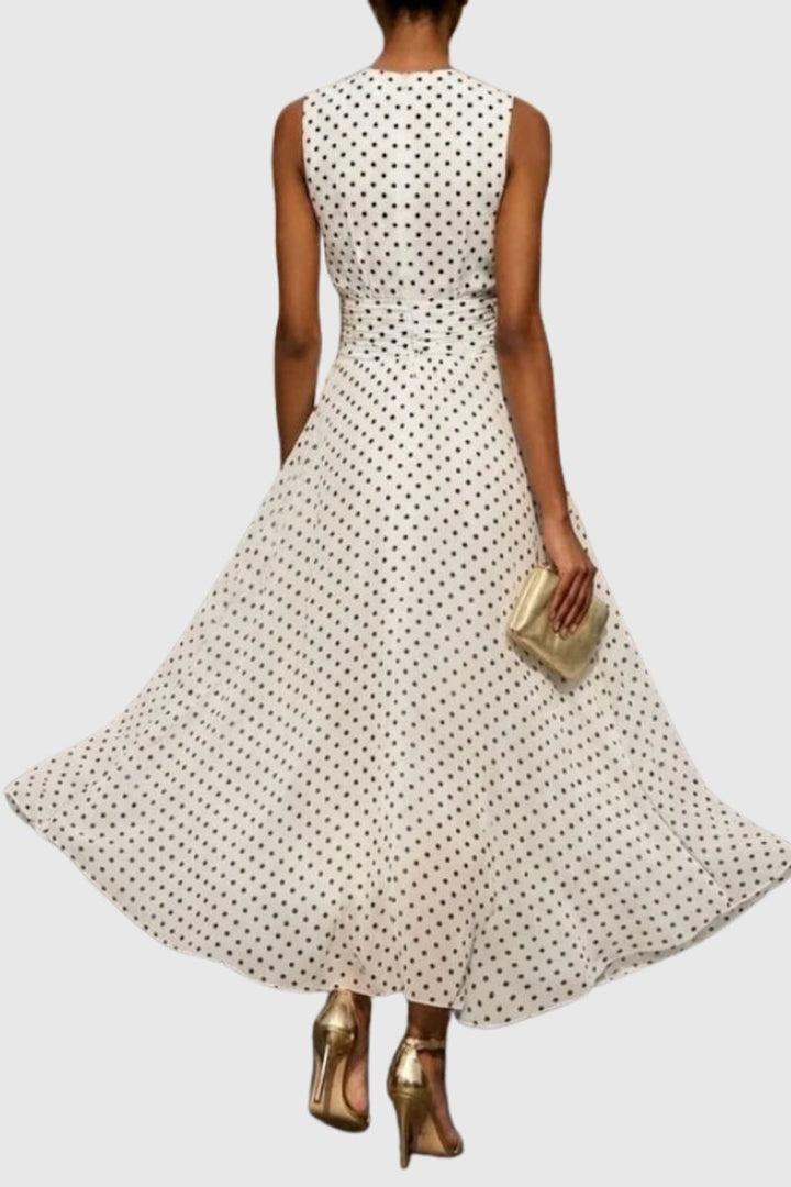 Dames Mouwloze Polkadot Maxi Evening Gown Ruche Zoom