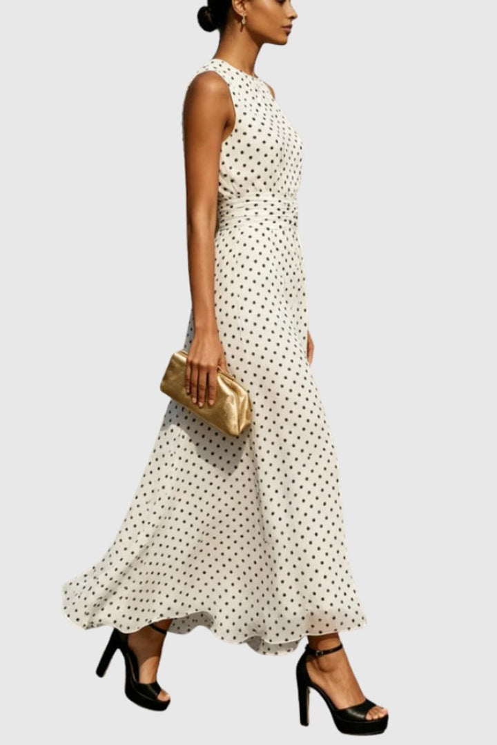 Dames Mouwloze Polkadot Maxi Evening Gown Ruche Zoom