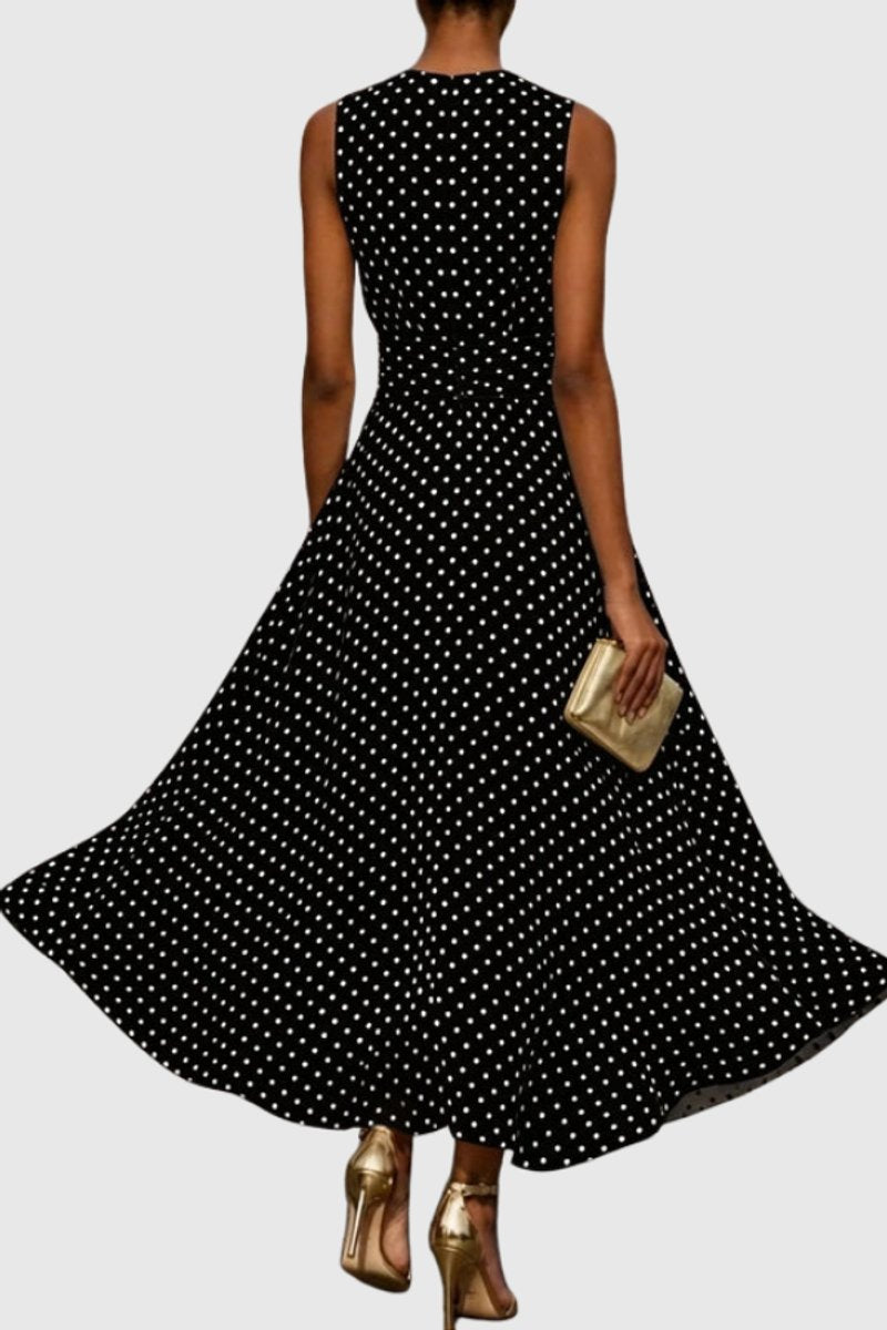 Dames Mouwloze Polkadot Maxi Evening Gown Ruche Zoom