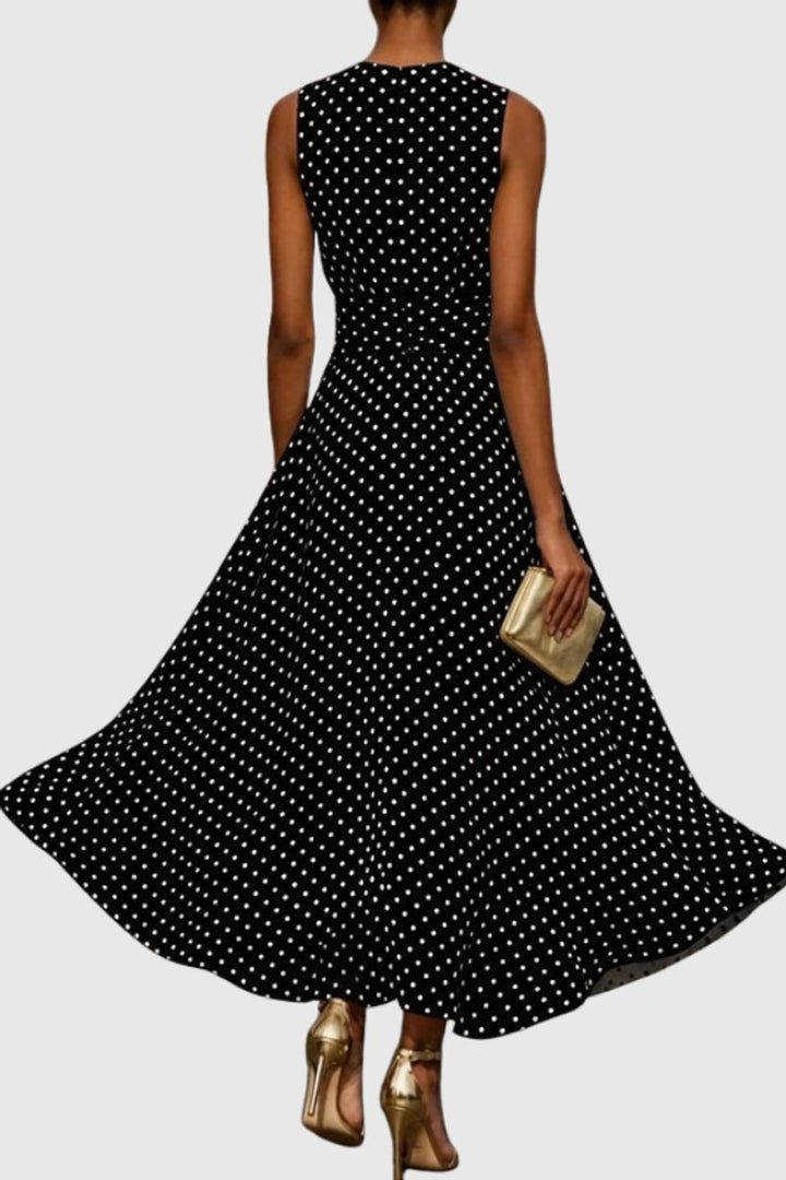 Dames Mouwloze Polkadot Maxi Evening Gown Ruche Zoom