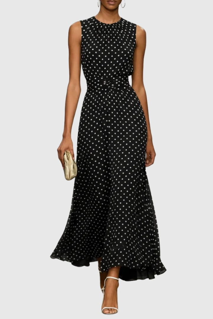 Dames Mouwloze Polkadot Maxi Evening Gown Ruche Zoom - Zwart