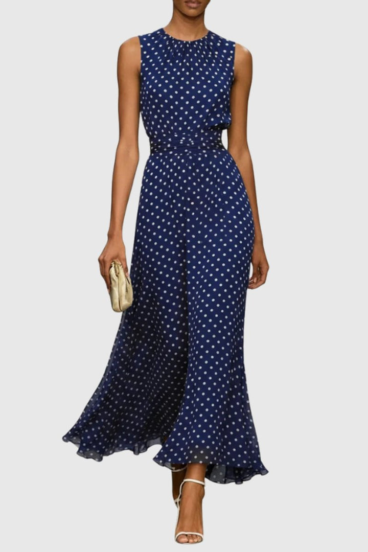 Dames Mouwloze Polkadot Maxi Evening Gown Ruche Zoom - Blauw
