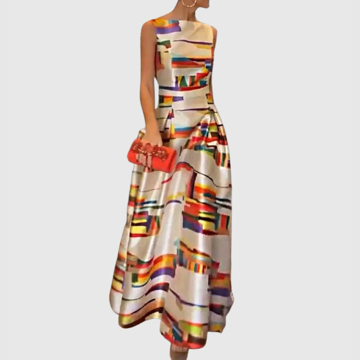 Dames Mouwloze Satijnen Abstracte Colorblock Maxi Jurk