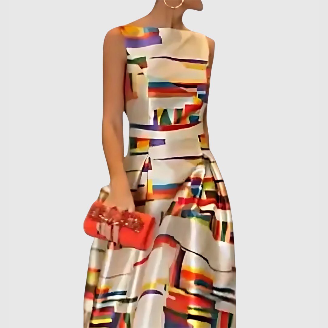Dames Mouwloze Satijnen Abstracte Colorblock Maxi Jurk