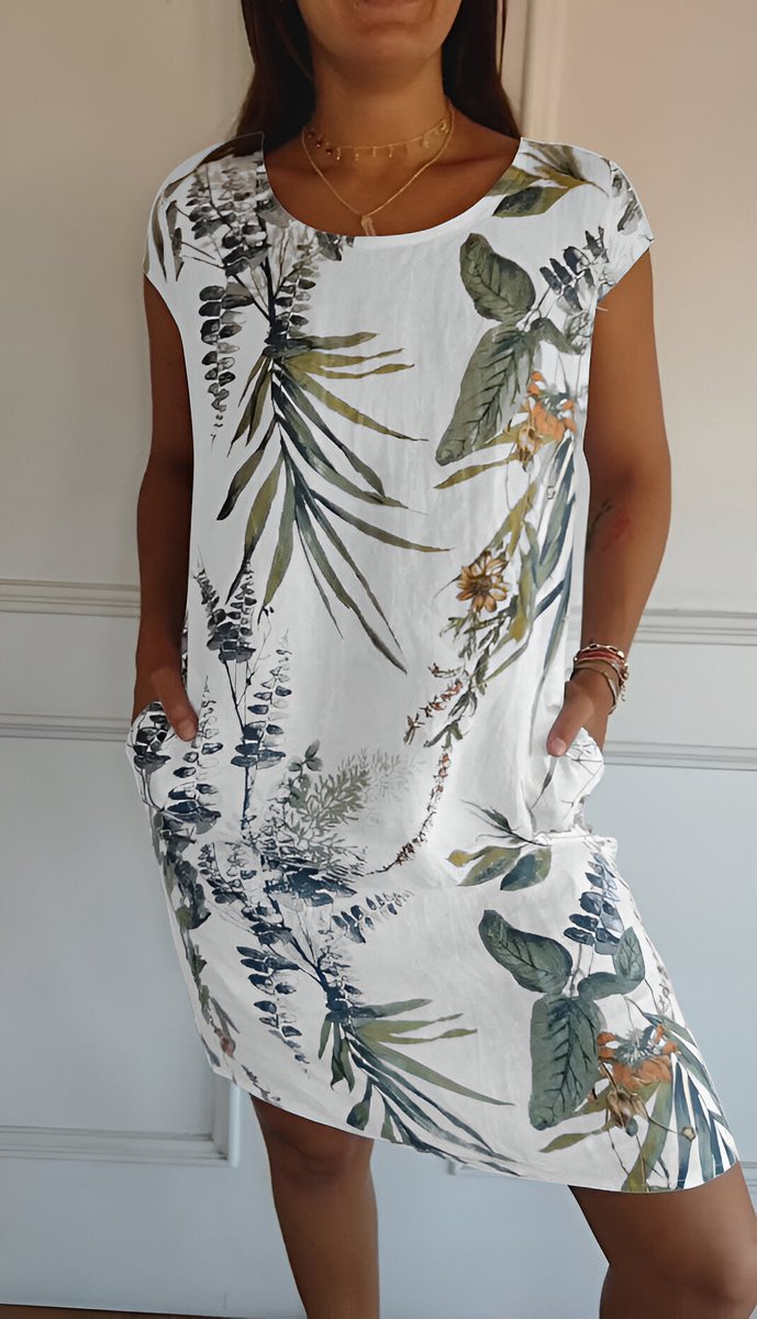 Dames Mouwloze Shift Jurk met Tropische Bladprint - Wit en Groen