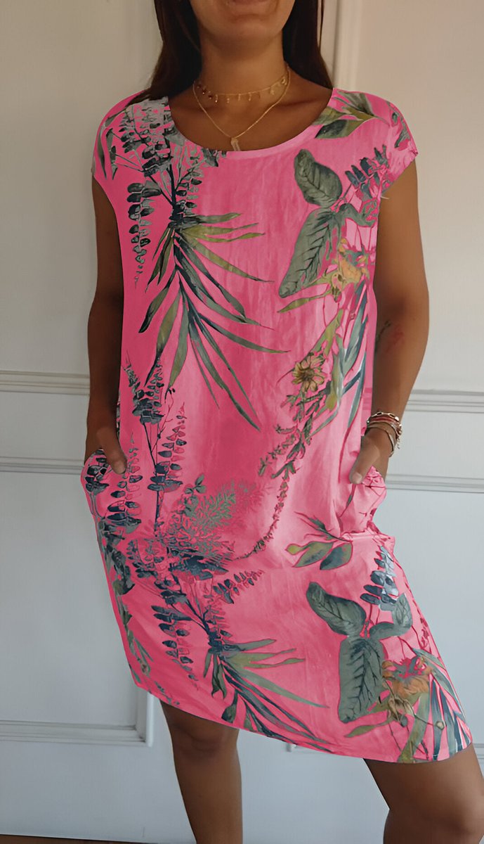 Dames Mouwloze Shift Jurk met Tropische Bladprint - Roze