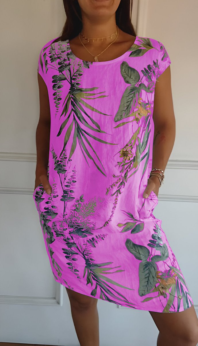 Dames Mouwloze Shift Jurk met Tropische Bladprint - Paars
