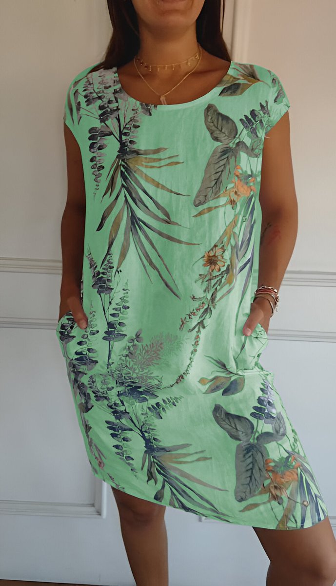 Dames Mouwloze Shift Jurk met Tropische Bladprint - Groen