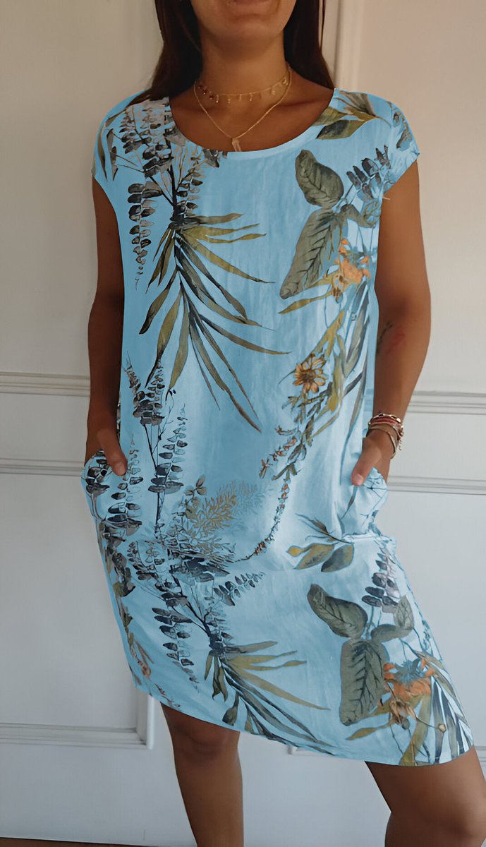 Dames Mouwloze Shift Jurk met Tropische Bladprint - Lichtblauw
