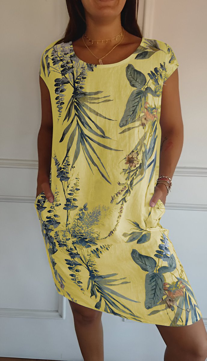 Dames Mouwloze Shift Jurk met Tropische Bladprint - Geel