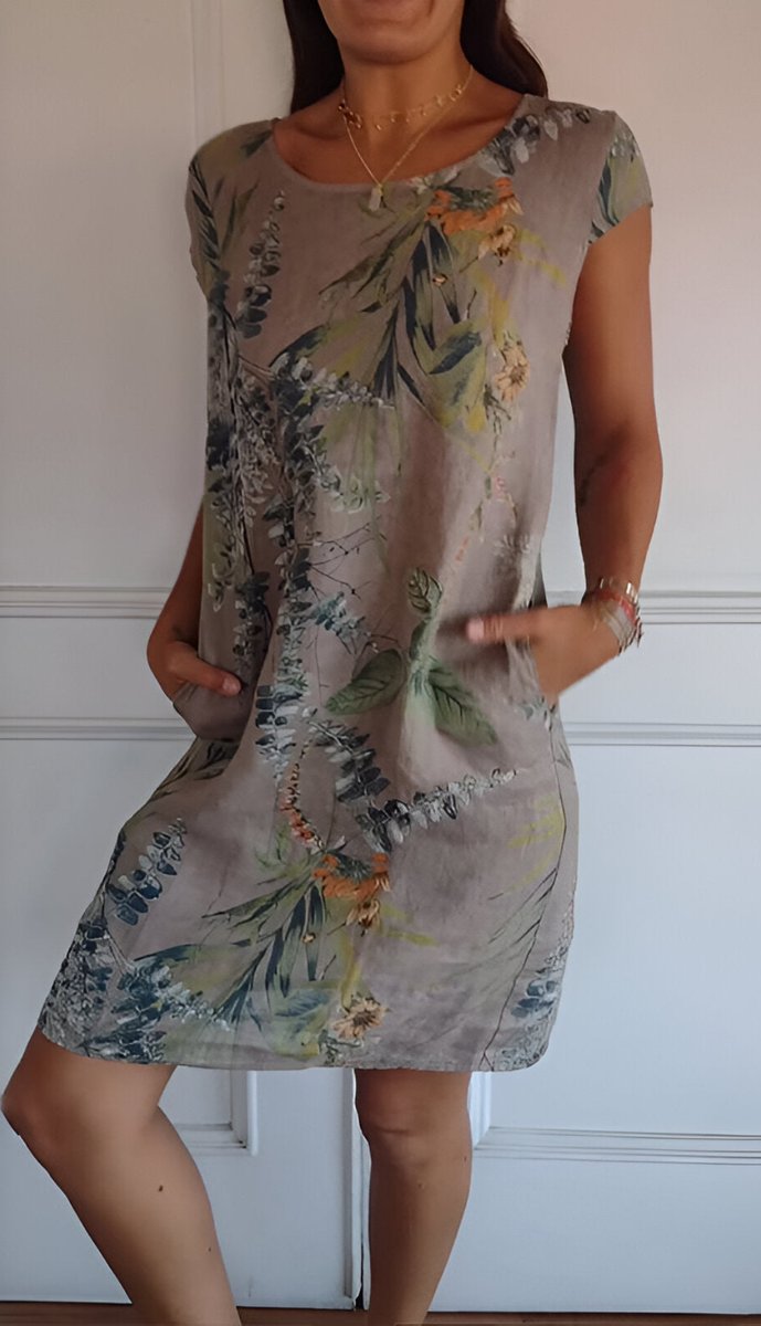 Dames Mouwloze Shift Jurk met Tropische Bladprint - Bruin