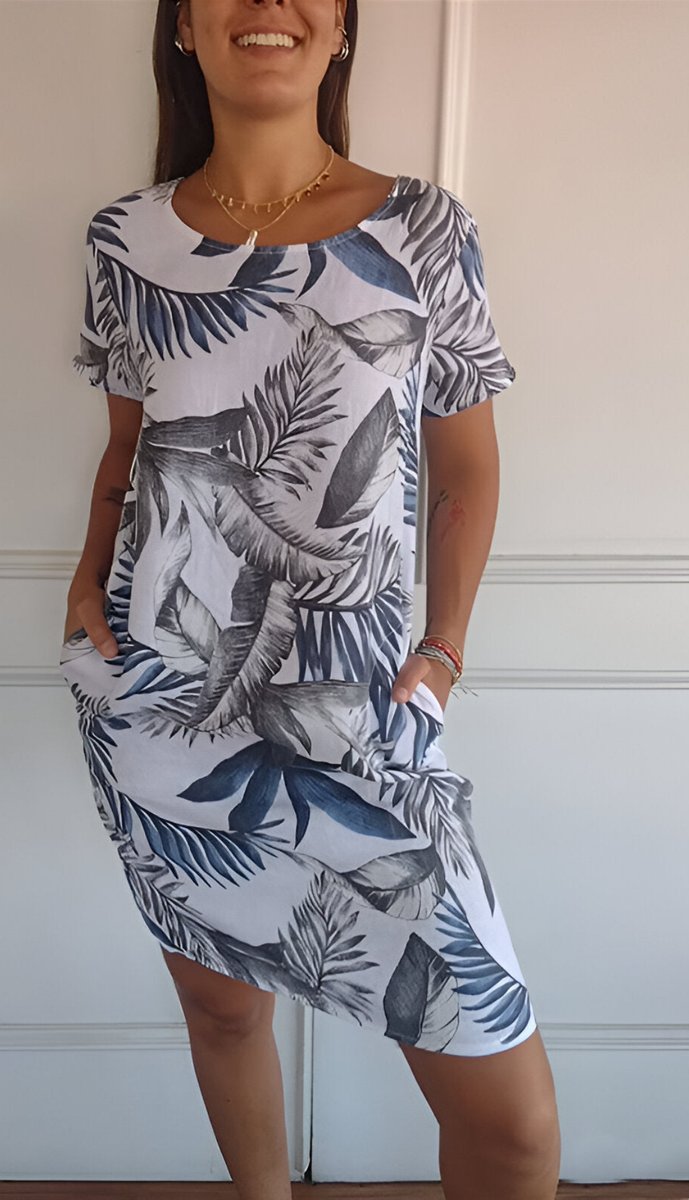 Dames Mouwloze Shift Jurk met Tropische Bladprint - Wit en Blauw