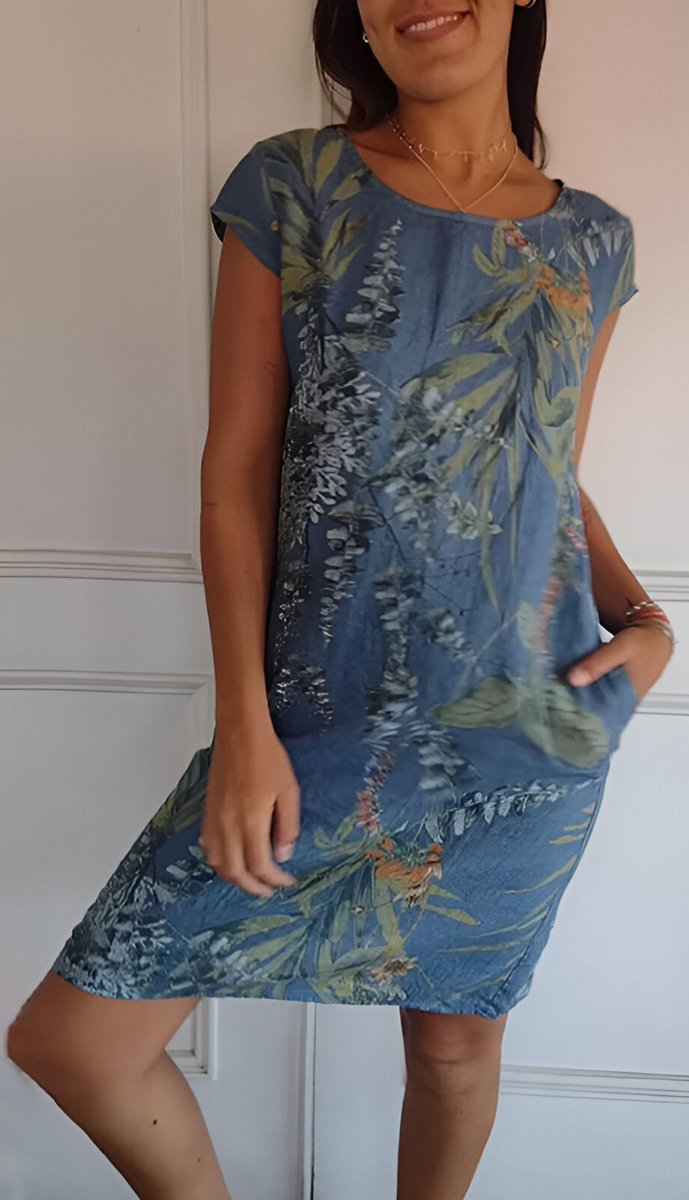 Dames Mouwloze Shift Jurk met Tropische Bladprint - Blauw