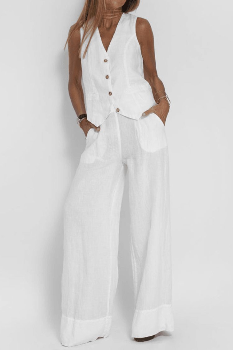 Dames Mouwloze Wide-Leg Two-Piece Set - White