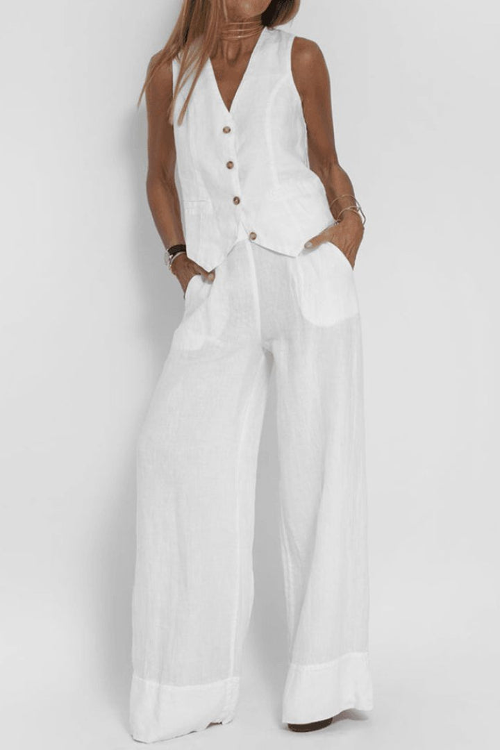 Dames Mouwloze Wide-Leg Two-Piece Set - White