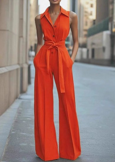 Dames Mouwloze Wijdpijp Jumpsuit Strikceintuur - Orange