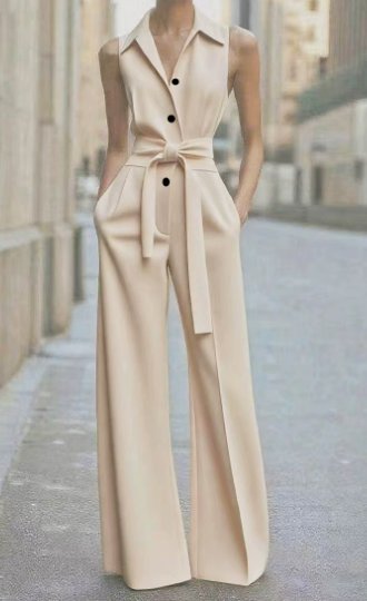 Dames Mouwloze Wijdpijp Jumpsuit Strikceintuur - Beige
