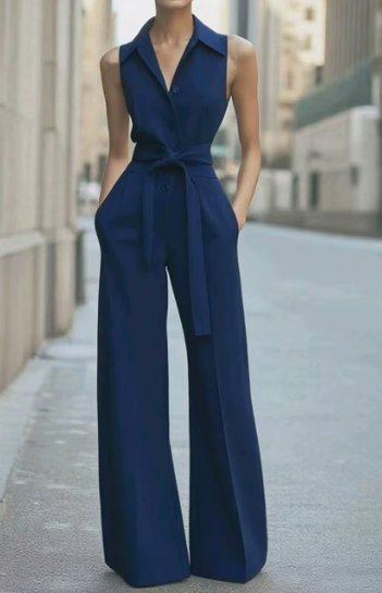 Dames Mouwloze Wijdpijp Jumpsuit Strikceintuur - Navy Blue