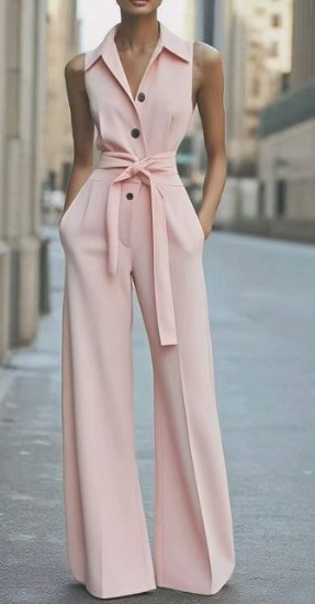 Dames Mouwloze Wijdpijp Jumpsuit Strikceintuur - Pink
