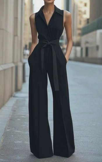 Dames Mouwloze Wijdpijp Jumpsuit Strikceintuur - Black