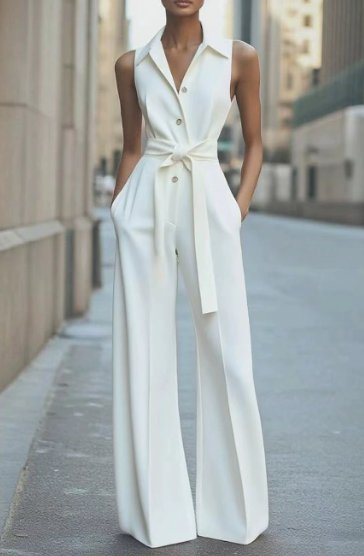 Dames Mouwloze Wijdpijp Jumpsuit Strikceintuur - White