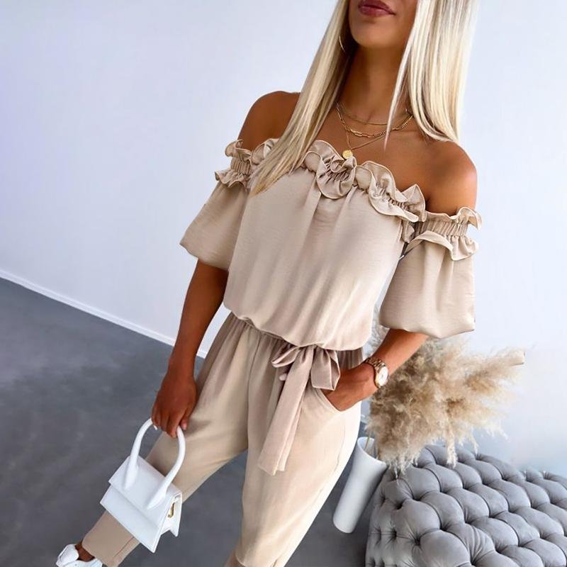 Dames Off-Shoulder Ruche Strikceintuur Jumpsuit - Apricot
