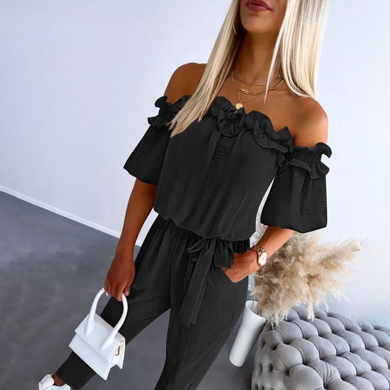 Dames Off-Shoulder Ruche Strikceintuur Jumpsuit - Black