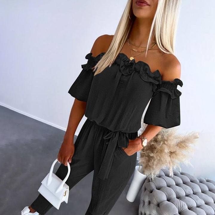 Dames Off-Shoulder Ruche Strikceintuur Jumpsuit - Black