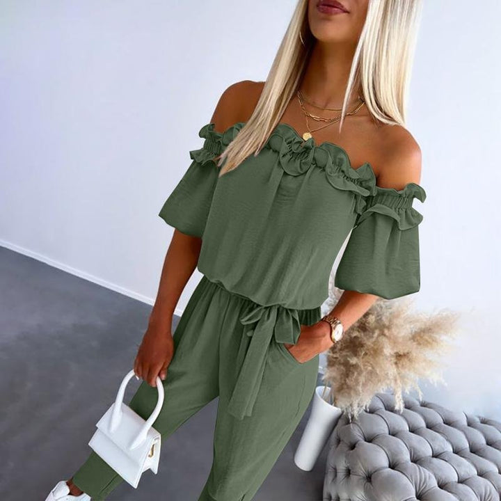 Dames Off-Shoulder Ruche Strikceintuur Jumpsuit - Army Green
