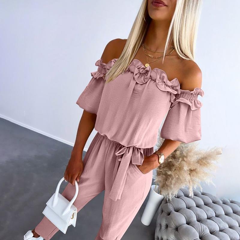 Dames Off-Shoulder Ruche Strikceintuur Jumpsuit - Pink