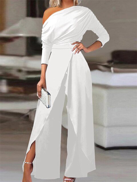 Dames Off-Shoulder Wijdbeens Jumpsuit met Lange Mouw - White