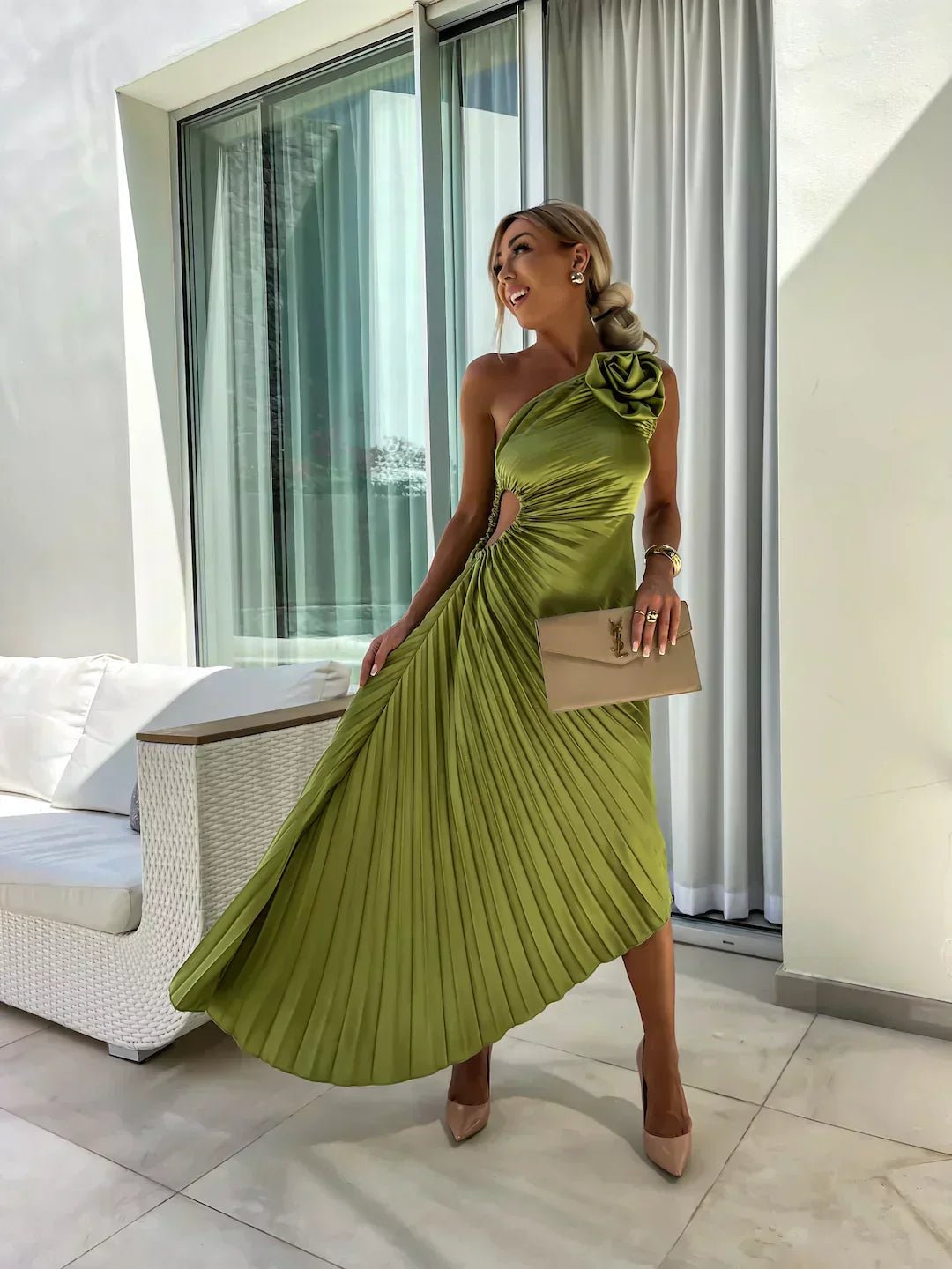 Dames One-Shoulder Geplisseerde Maxi Jurk