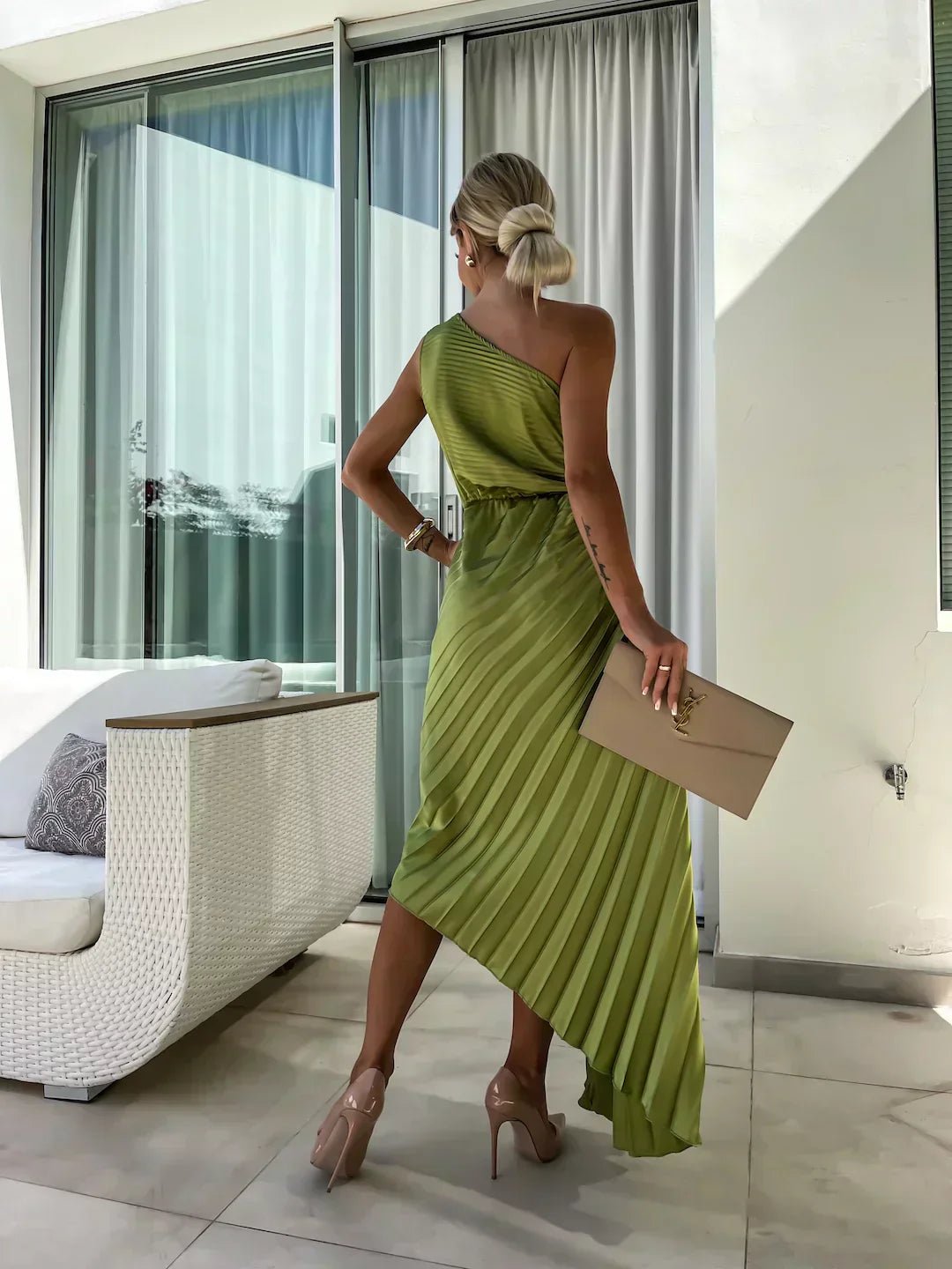 Dames One-Shoulder Geplisseerde Maxi Jurk