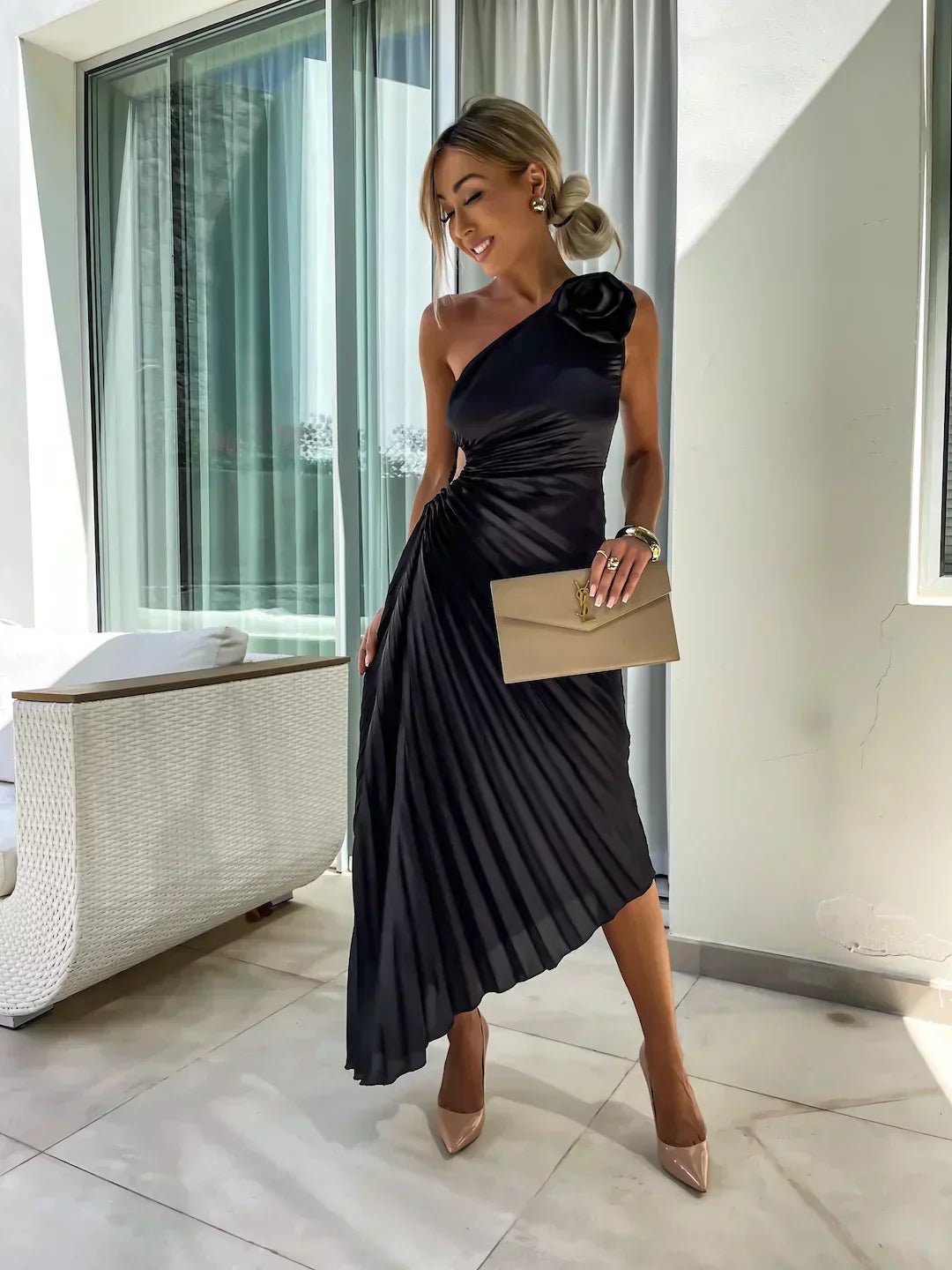 Dames One-Shoulder Geplisseerde Maxi Jurk - Black