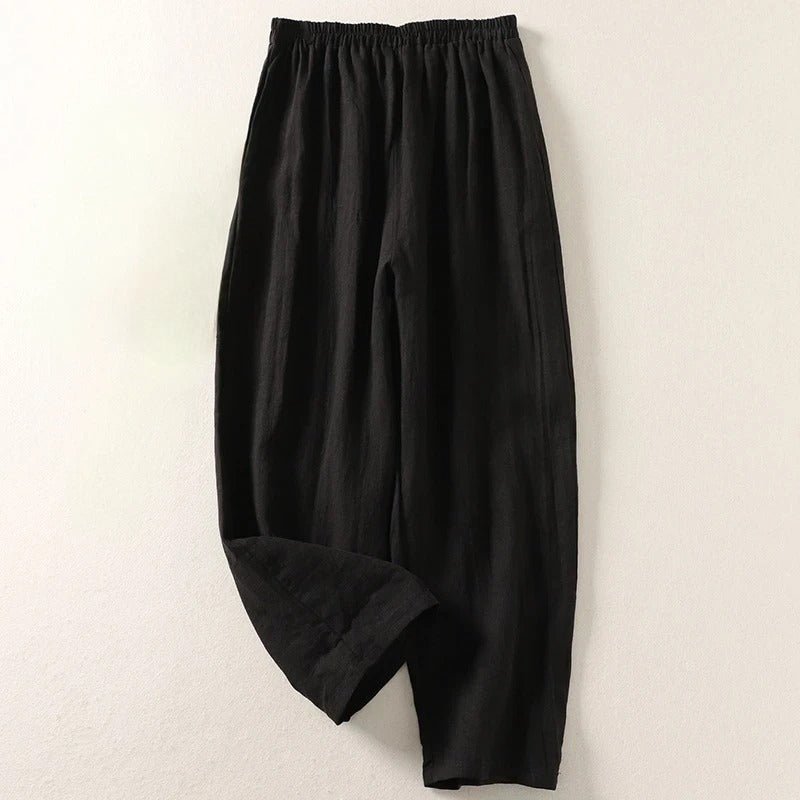 Dames Ontspannen Linen Broek met Elastische Taille - Black