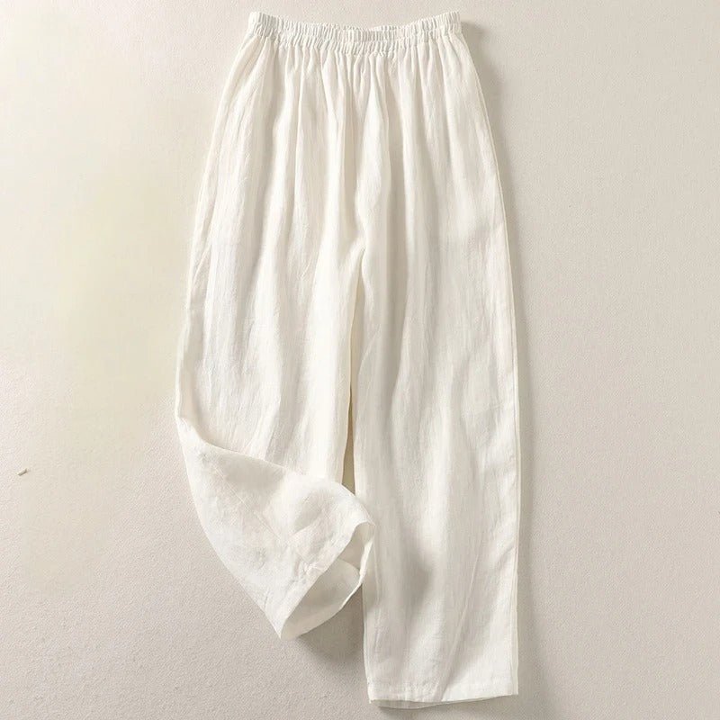 Dames Ontspannen Linen Broek met Elastische Taille - White