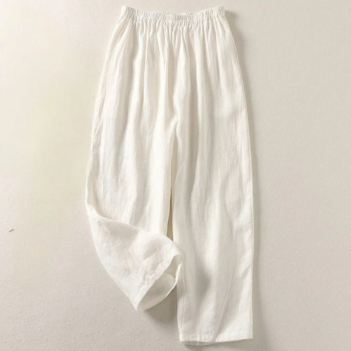 Dames Ontspannen Linen Broek met Elastische Taille - White