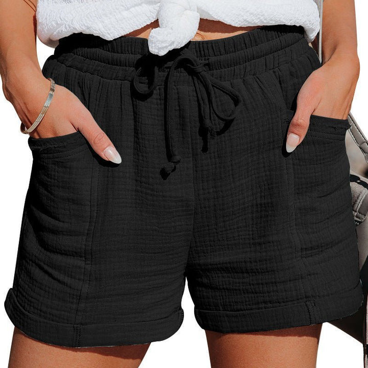 Dames Ontspannen Linnen Short Trekkoord Zijzakken - Black