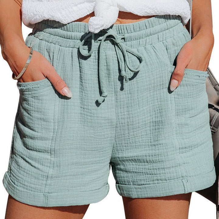 Dames Ontspannen Linnen Short Trekkoord Zijzakken - Turquoise