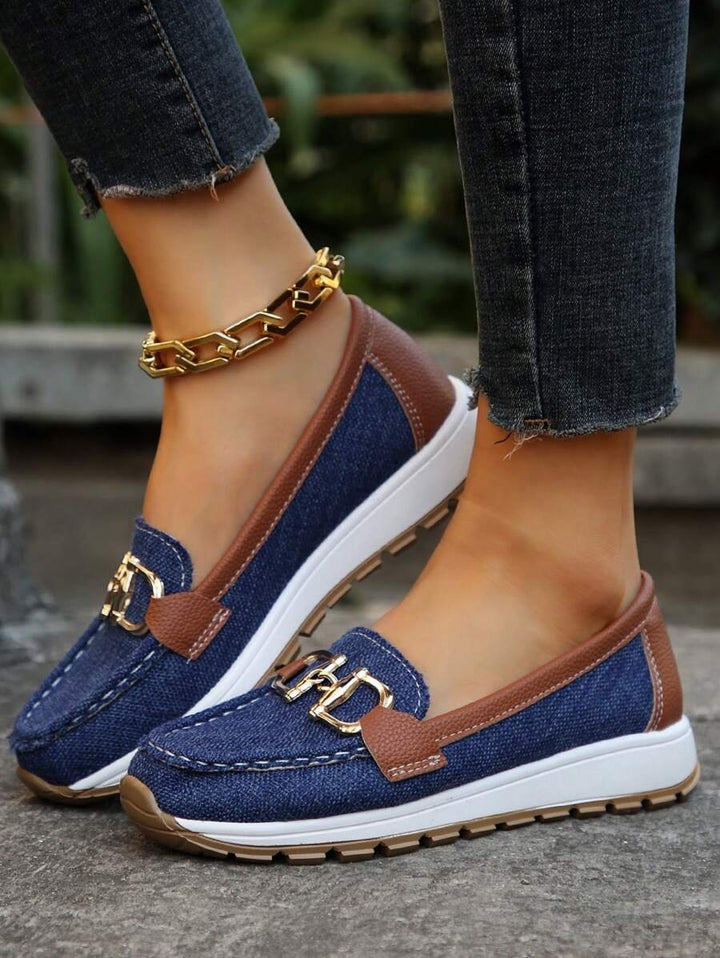 Dames Orthopedische Antislip Instappers met Gouden Gesp - Navy