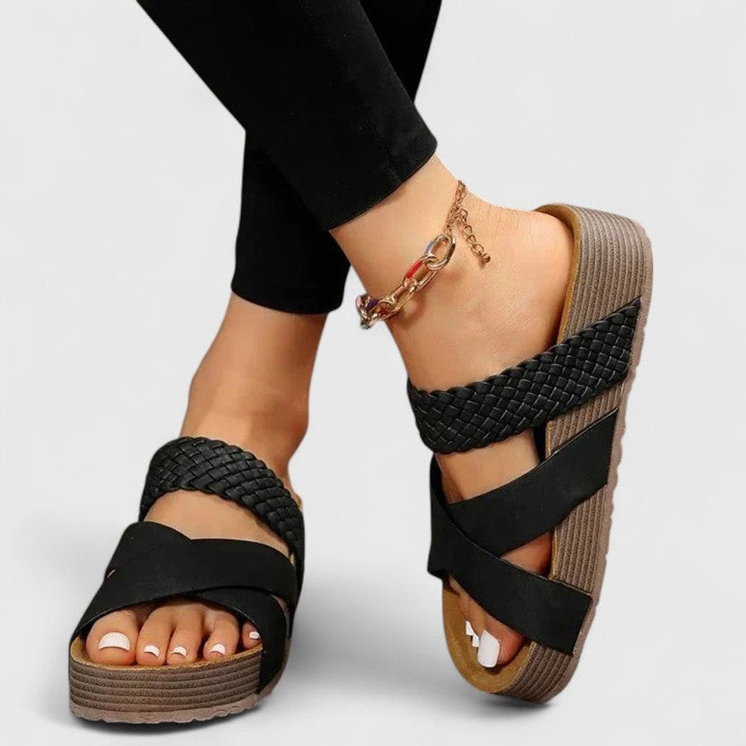 Dames Orthopedische Comfortabele Sandalen Gevlochten Sleehak Platform - Black
